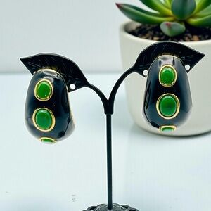 Bold Vintage Black Enamel and Green Glass Convex Runway Clip Earrings